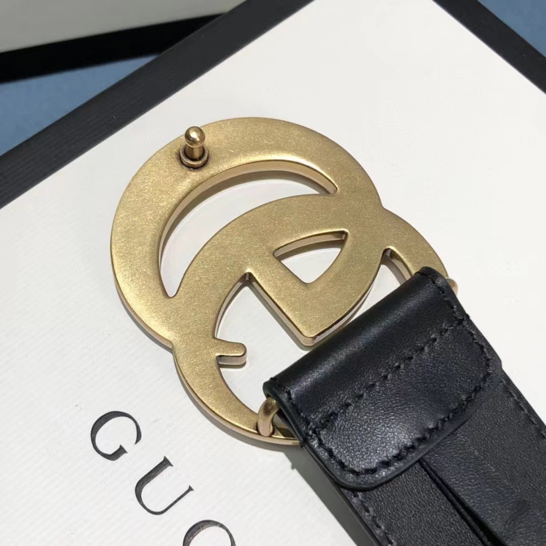 G*u*i unisex gg 2015 re-edition wide leather belt black smooth leather 3.8 cm belt width