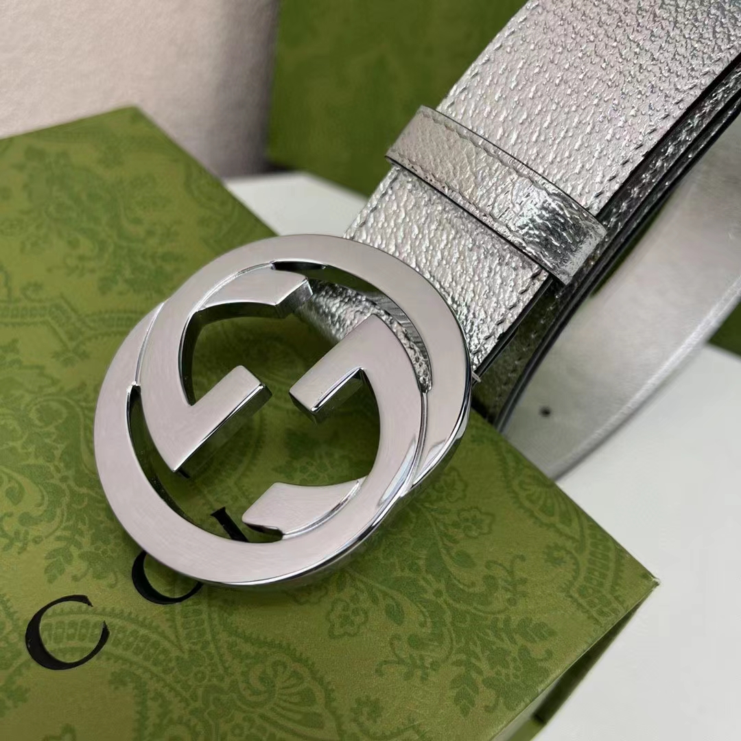 G*u*i unisex gg interlocking g buckle wide belt silver leather 4.6 cm belt