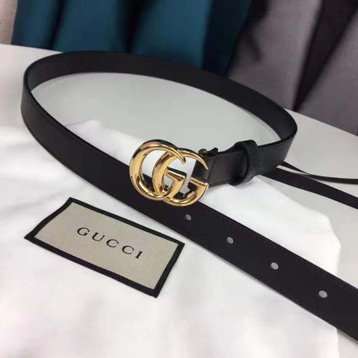 G*u*i unisex gg marmont thin leather belt shiny double g buckle black leather 2 cm width