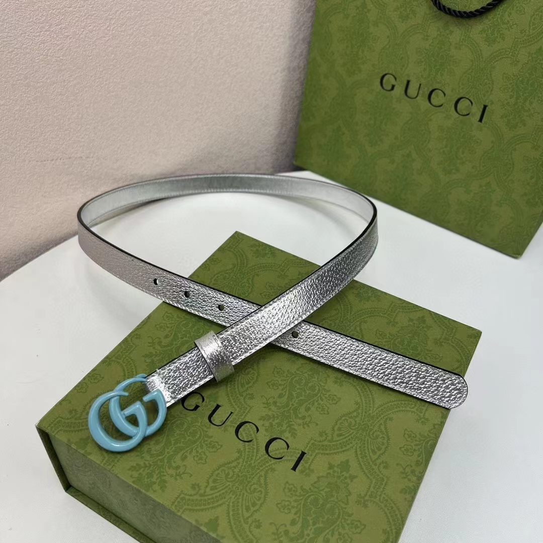 G*u*i unisex gg marmont thin belt silver lamé leather double g buckle 2 cm width