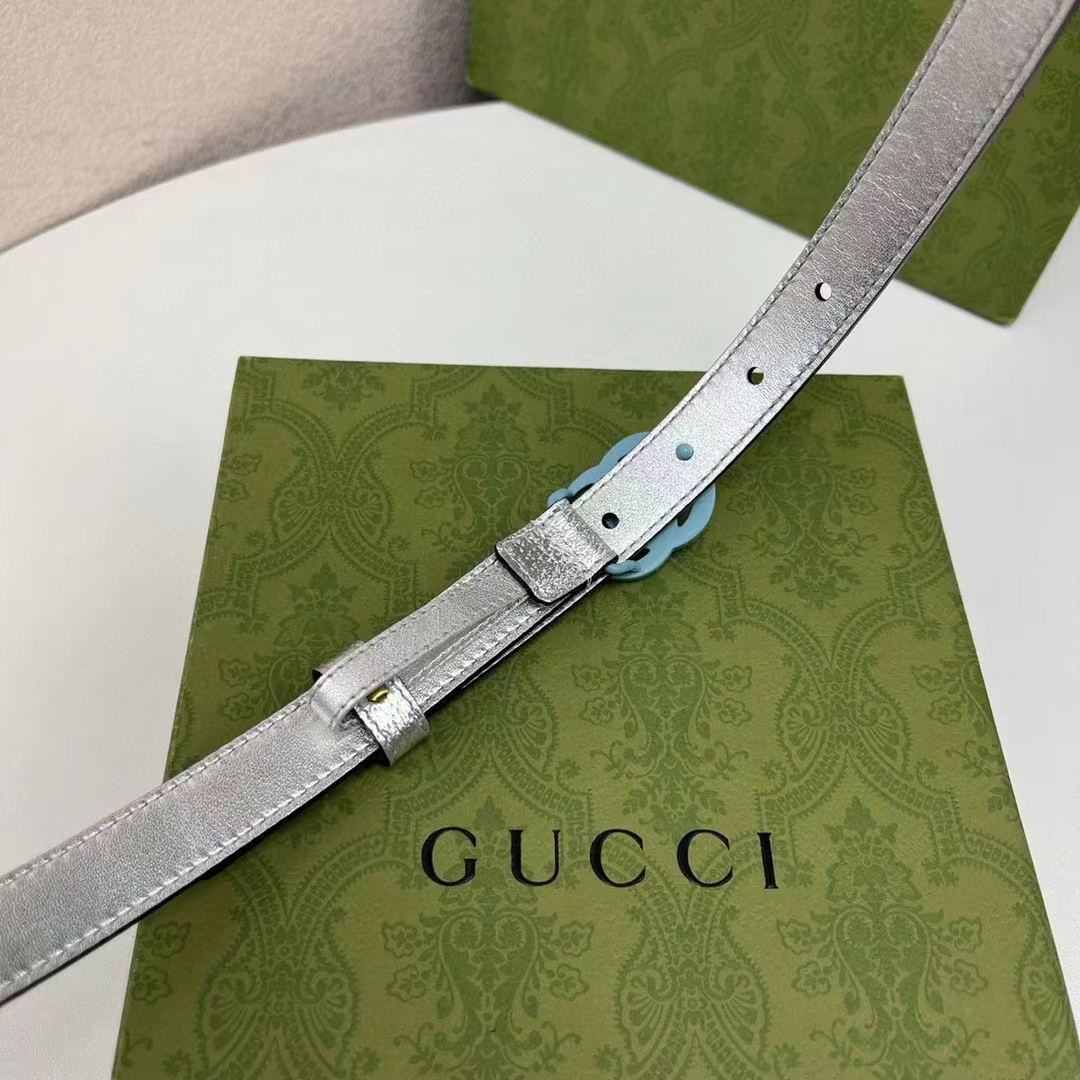 G*u*i unisex gg marmont thin belt silver lamé leather double g buckle 2 cm width
