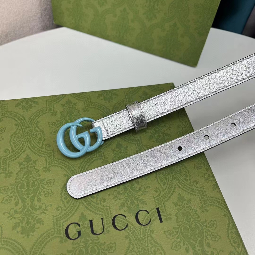 G*u*i unisex gg marmont thin belt silver lamé leather double g buckle 2 cm width