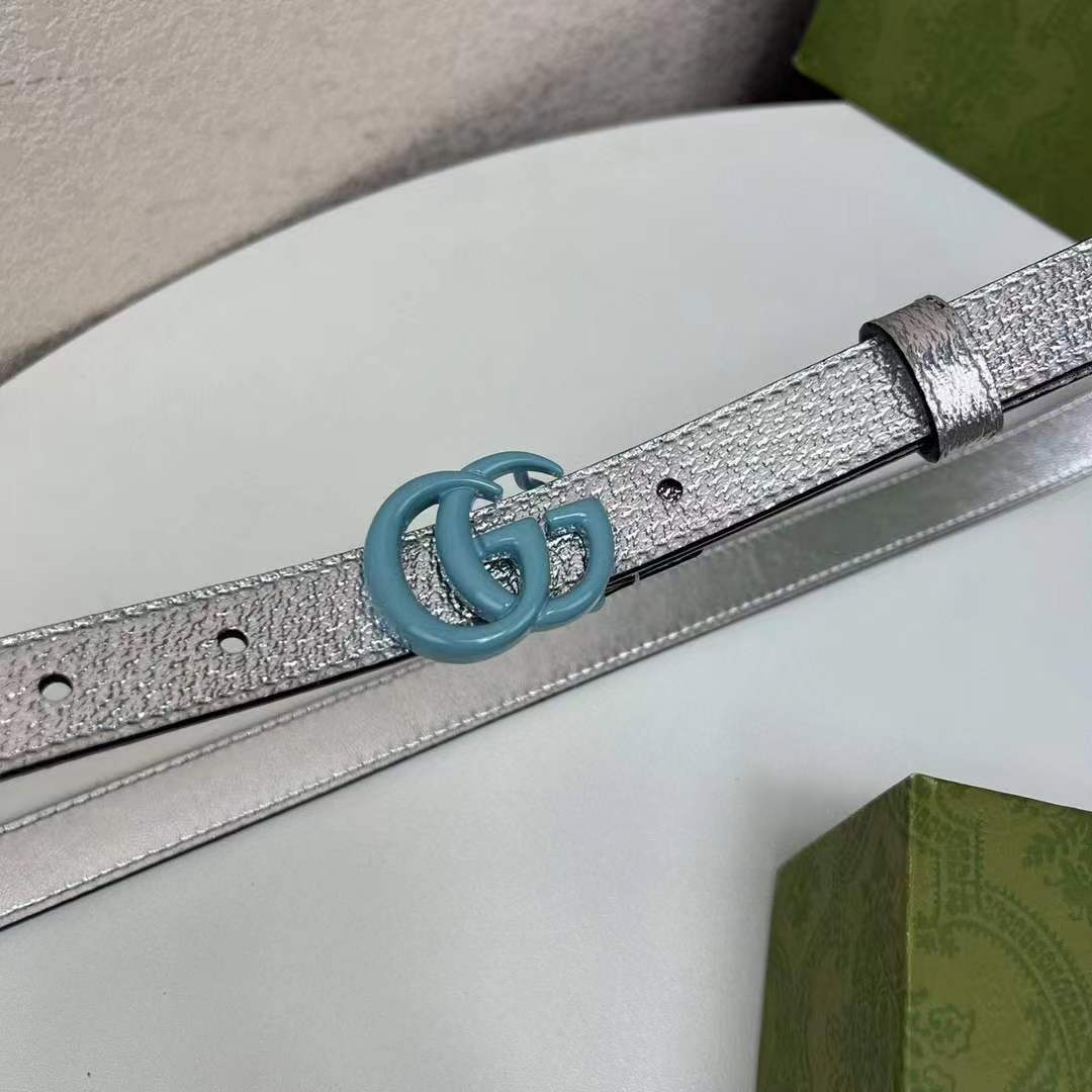 G*u*i unisex gg marmont thin belt silver lamé leather double g buckle 2 cm width