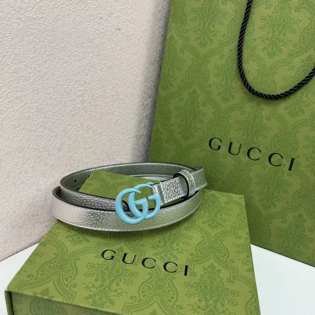 G*u*i unisex gg marmont thin belt silver lamé leather double g buckle 2 cm width