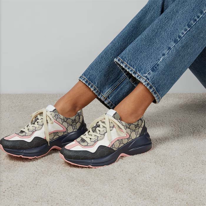 G*u*i unisex gg rhyton sneaker beige blue gg supreme canvas rubber sole mid-heel