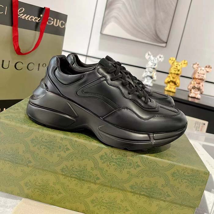 G*u*i unisex gg rhyton sneaker black leather rubber sole lace-up mid-heel