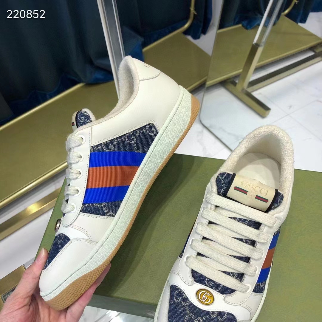 G*u*i unisex gg screener sneaker blue ivory washed organic denim bi-color rubber low heel style ‎576223 2kq40 4467