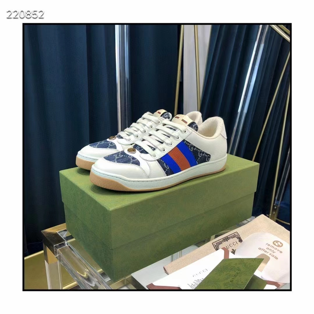 G*u*i unisex gg screener sneaker blue ivory washed organic denim bi-color rubber low heel style ‎576223 2kq40 4467