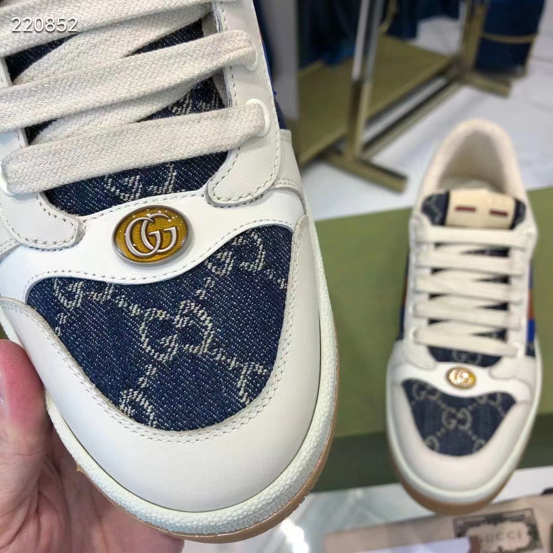 G*u*i unisex gg screener sneaker blue ivory washed organic denim bi-color rubber low heel style ‎576223 2kq40 4467