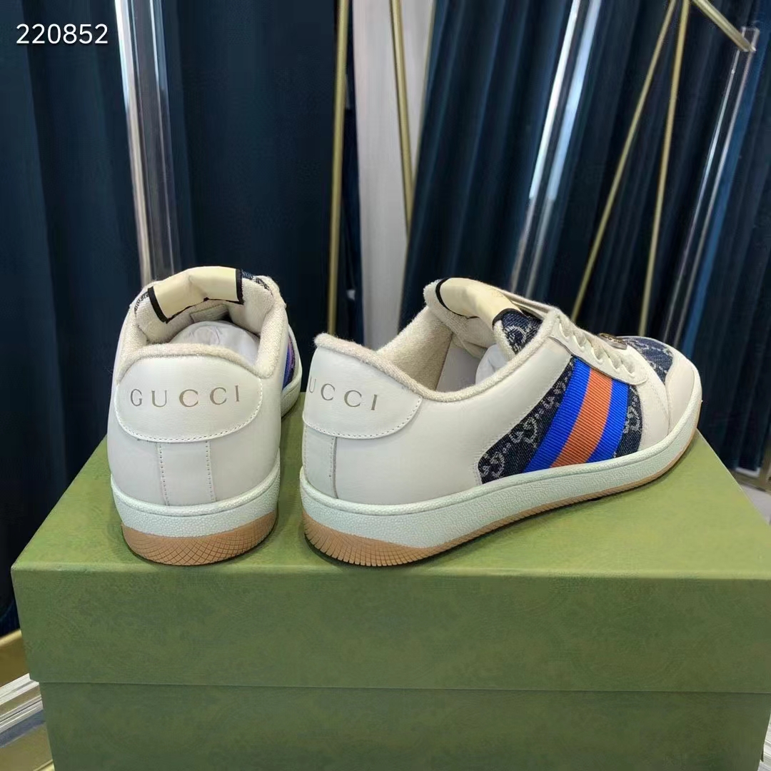 G*u*i unisex gg screener sneaker blue ivory washed organic denim bi-color rubber low heel style ‎576223 2kq40 4467