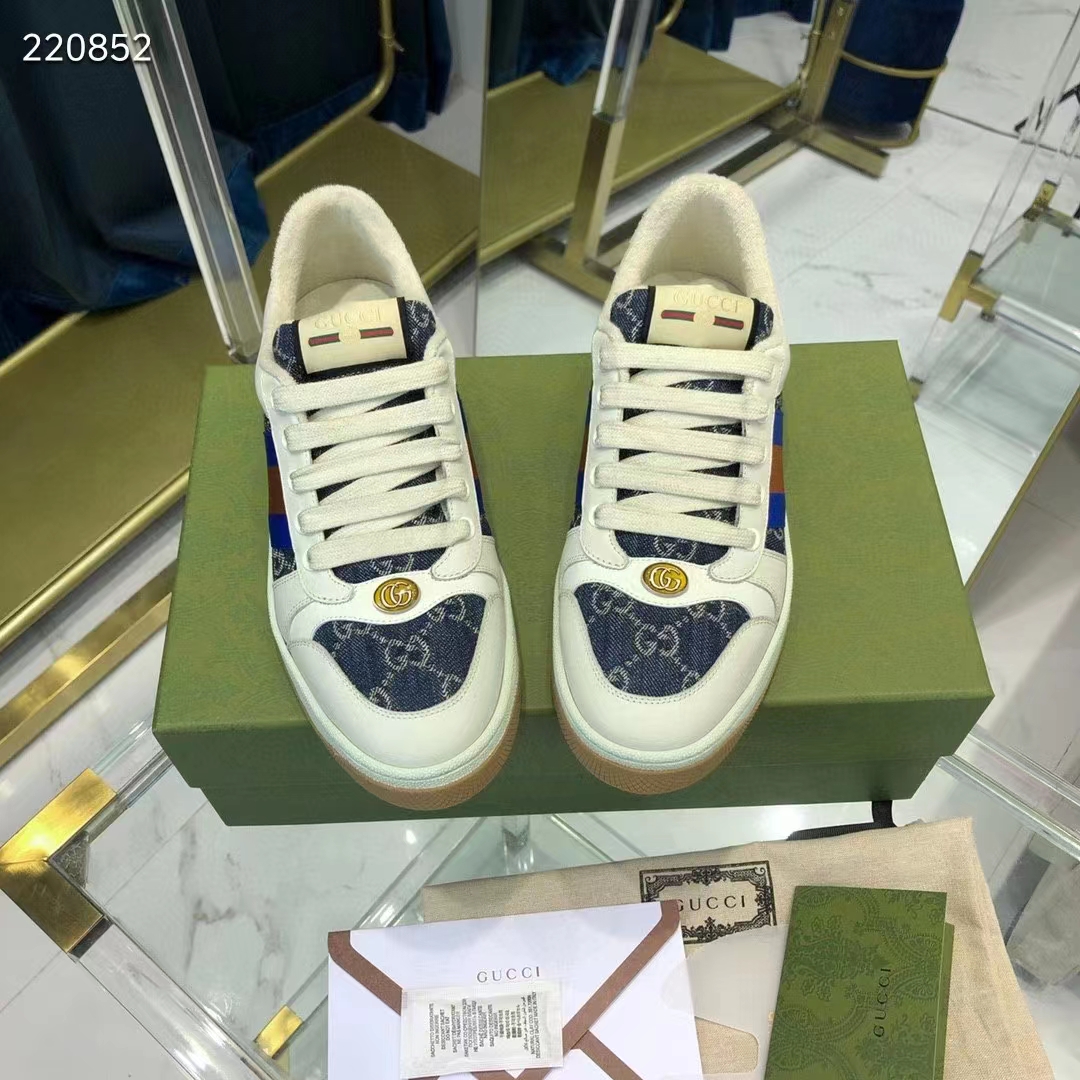 G*u*i unisex gg screener sneaker blue ivory washed organic denim bi-color rubber low heel style ‎576223 2kq40 4467