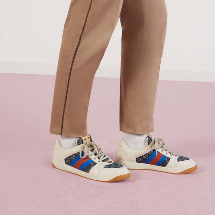 G*u*i unisex gg screener sneaker blue ivory washed organic denim bi-color rubber low heel style ‎576223 2kq40 4467