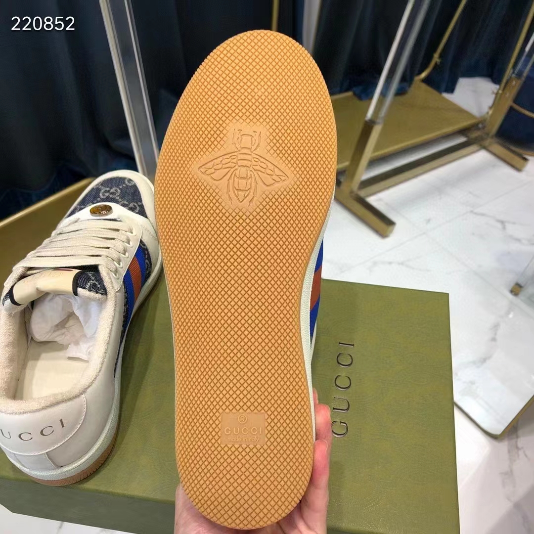 G*u*i unisex gg screener sneaker blue ivory washed organic denim bi-color rubber low heel style ‎576223 2kq40 4467