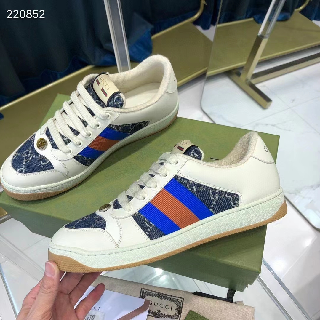 G*u*i unisex gg screener sneaker blue ivory washed organic denim bi-color rubber low heel style ‎576223 2kq40 4467