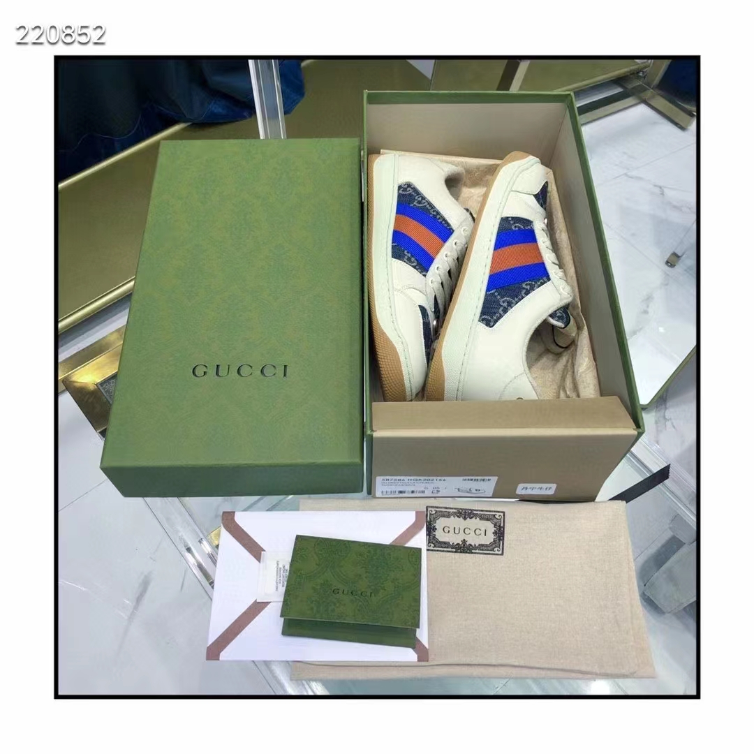 G*u*i unisex gg screener sneaker blue ivory washed organic denim bi-color rubber low heel style ‎576223 2kq40 4467
