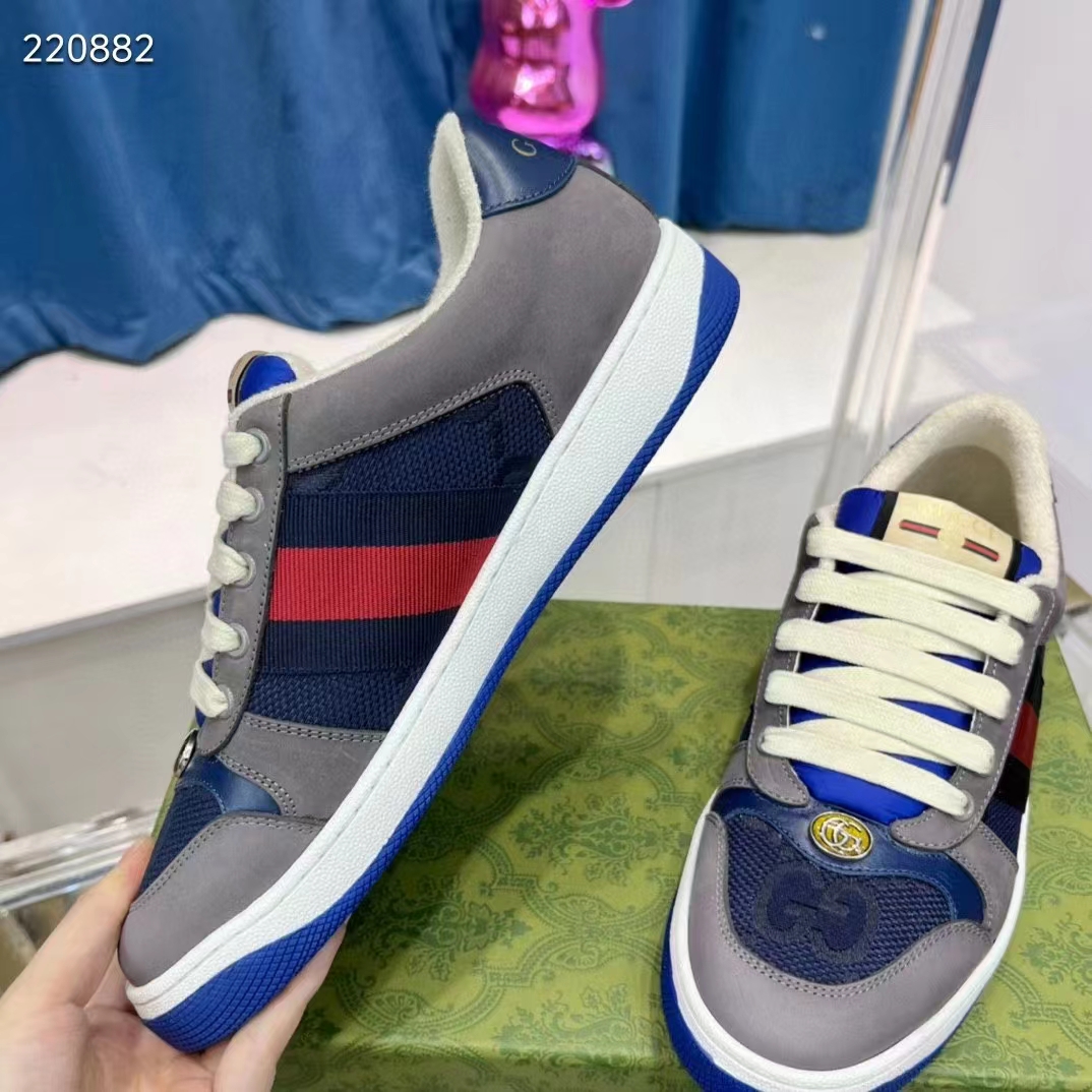 G*u*i unisex gg screener sneaker grey suede maxi gg canvas bi-color rubber low heel style ‎576223 faa3t 4551