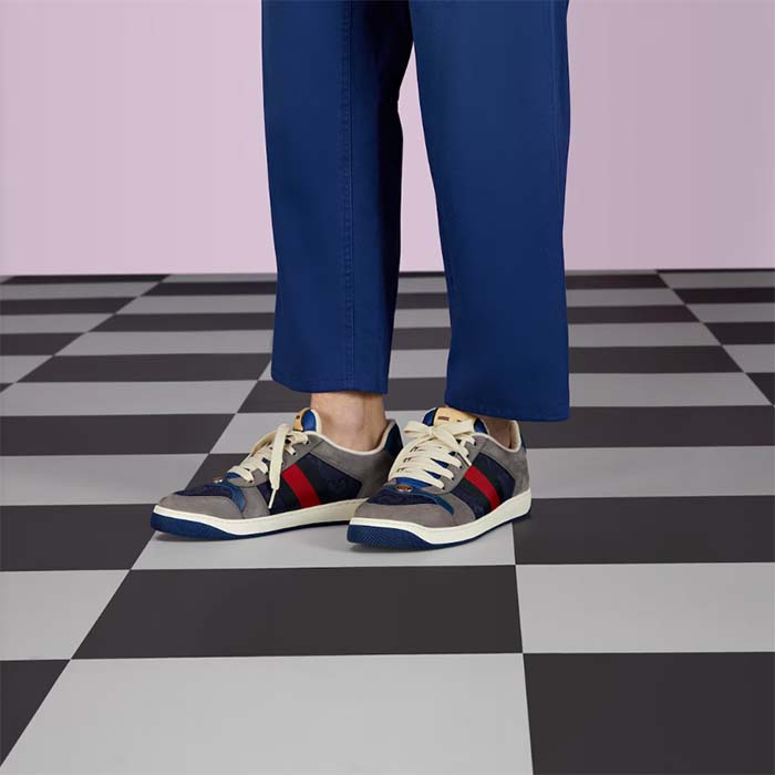 G*u*i unisex gg screener sneaker grey suede maxi gg canvas bi-color rubber low heel style ‎576223 faa3t 4551
