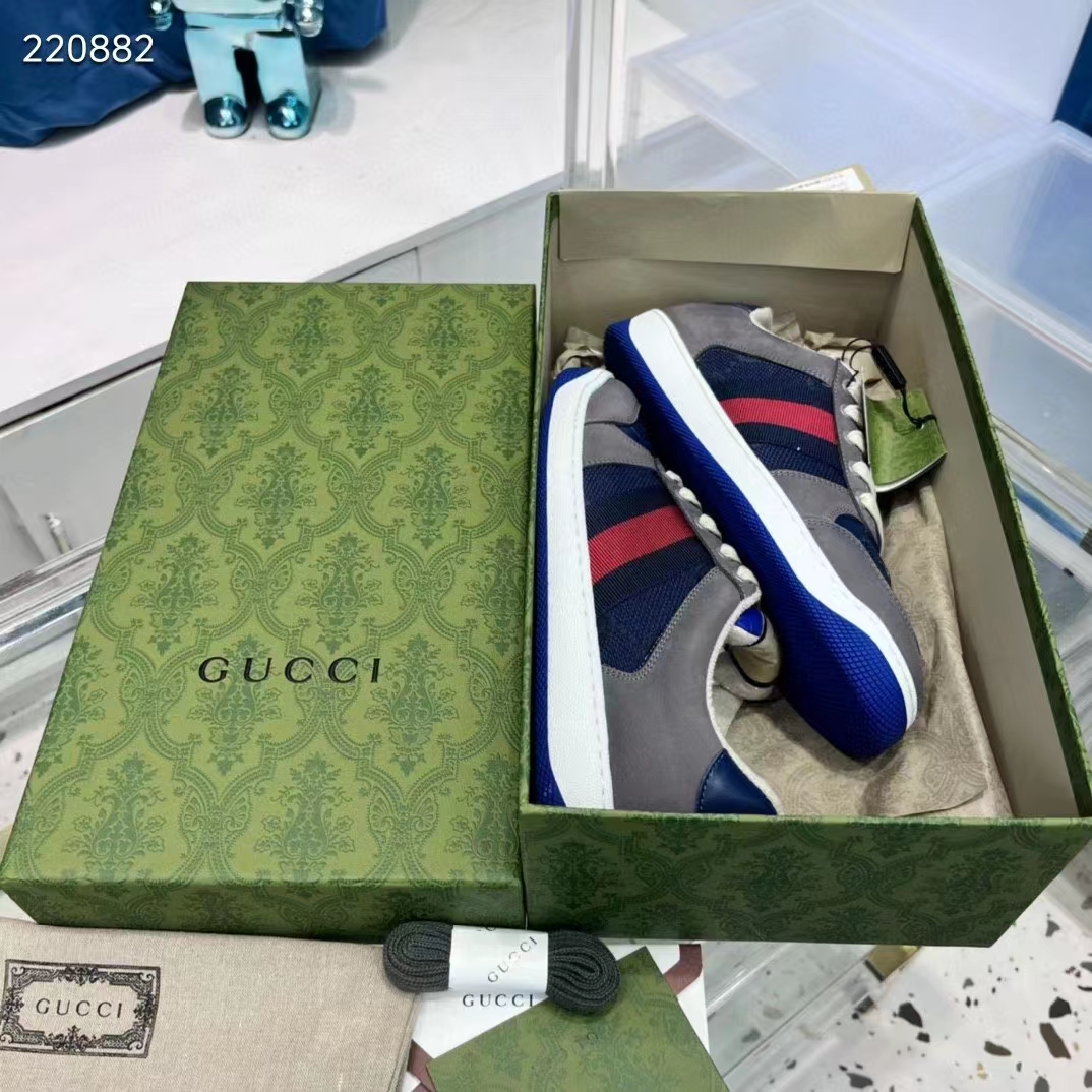 G*u*i unisex gg screener sneaker grey suede maxi gg canvas bi-color rubber low heel style ‎576223 faa3t 4551