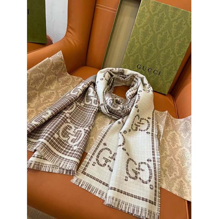G*u*i unisex gg wool jacquard scarf ivory beige houndstooth fringe trim
