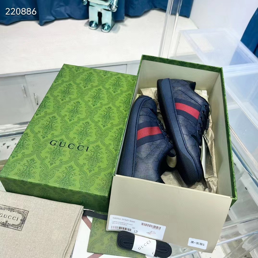 G*u*i unisex screener sneaker dark blue gg supreme canvas rubber sole low heel style ‎763525 facmi 8443