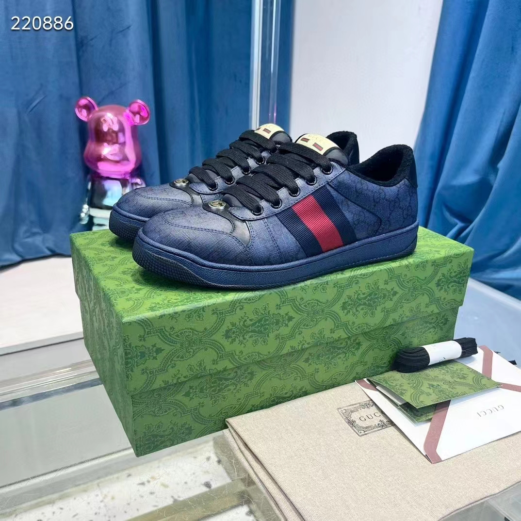 G*u*i unisex screener sneaker dark blue gg supreme canvas rubber sole low heel style ‎763525 facmi 8443
