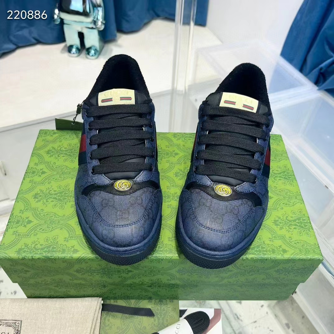 G*u*i unisex screener sneaker dark blue gg supreme canvas rubber sole low heel style ‎763525 facmi 8443