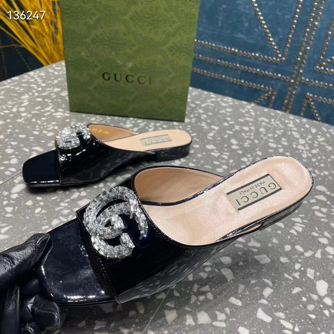 G*u*i women gg double g slide sandal black patent leather crystals leather sole flat
