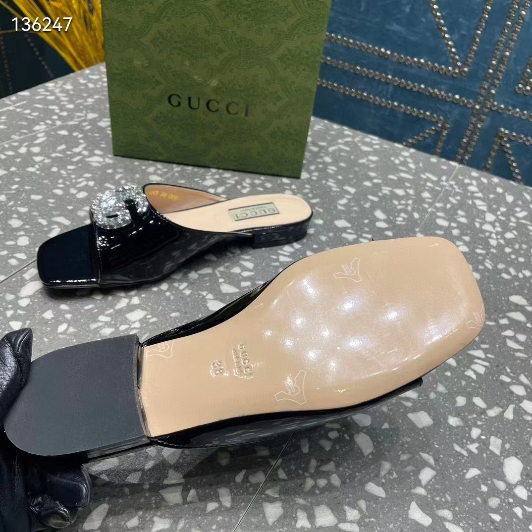 G*u*i women gg double g slide sandal black patent leather crystals leather sole flat