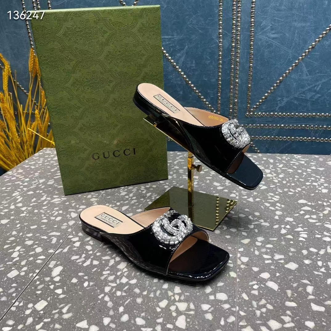 G*u*i women gg double g slide sandal black patent leather crystals leather sole flat