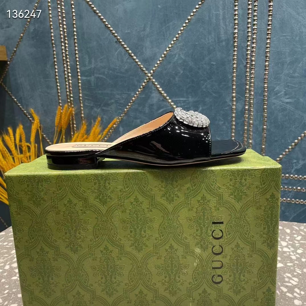 G*u*i women gg double g slide sandal black patent leather crystals leather sole flat