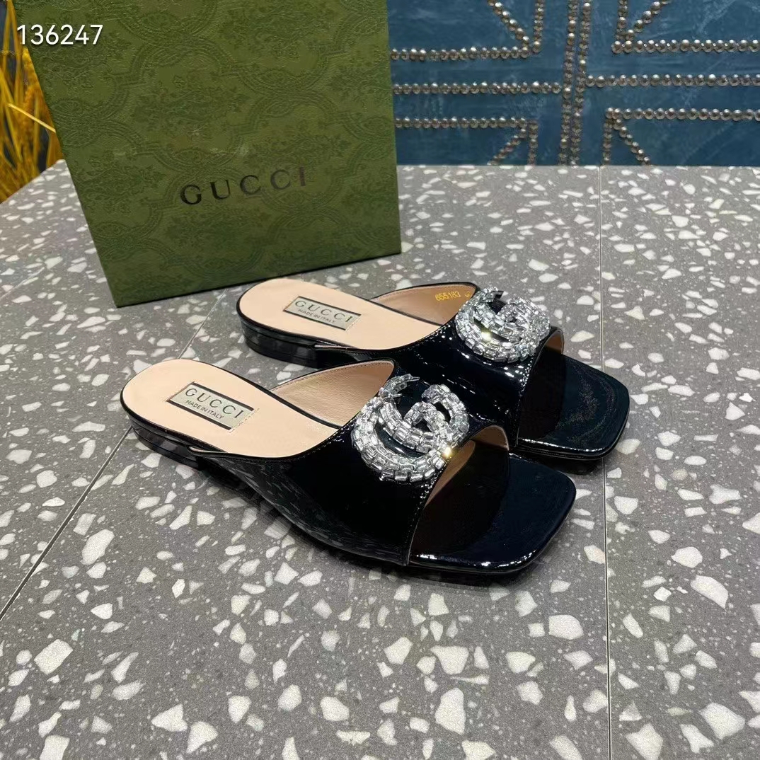 G*u*i women gg double g slide sandal black patent leather crystals leather sole flat