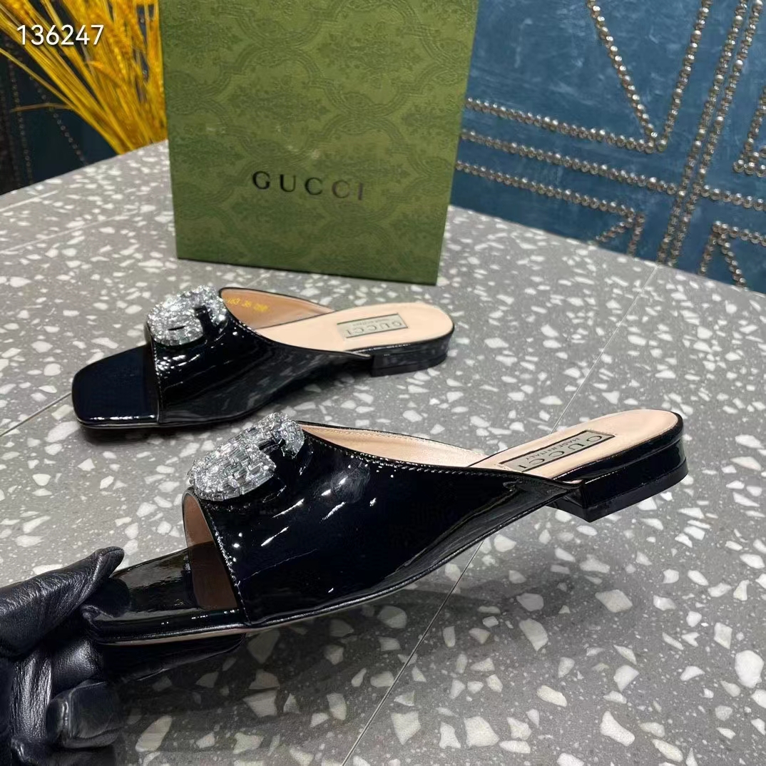 G*u*i women gg double g slide sandal black patent leather crystals leather sole flat