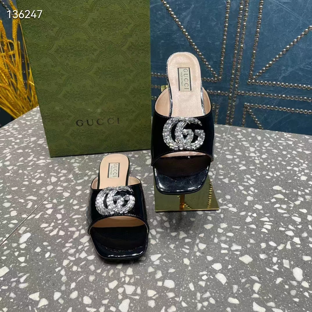 G*u*i women gg double g slide sandal black patent leather crystals leather sole flat