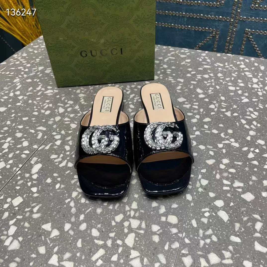 G*u*i women gg double g slide sandal black patent leather crystals leather sole flat