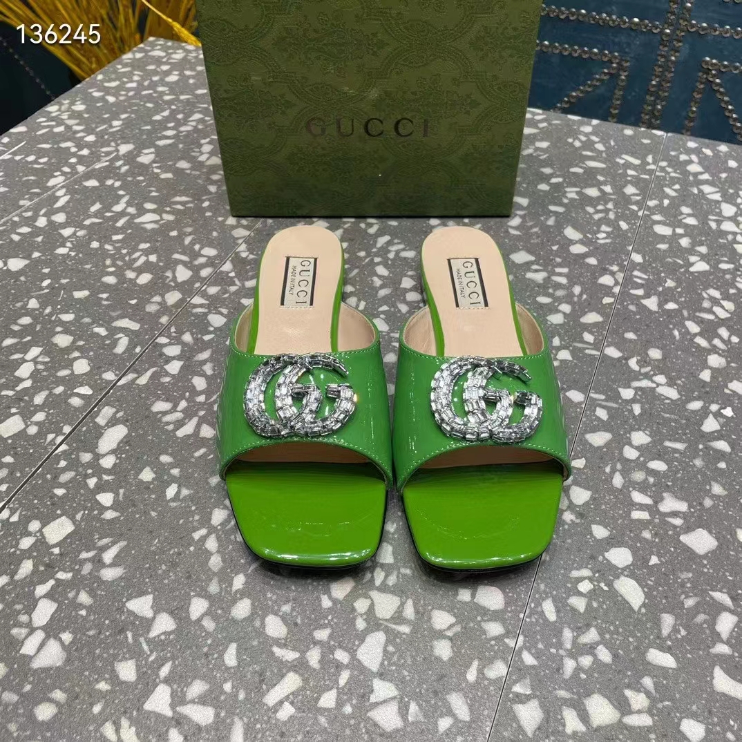 G*u*i women gg double g slide sandal green patent leather crystals leather sole flat style ‎771586 bnc00 3727