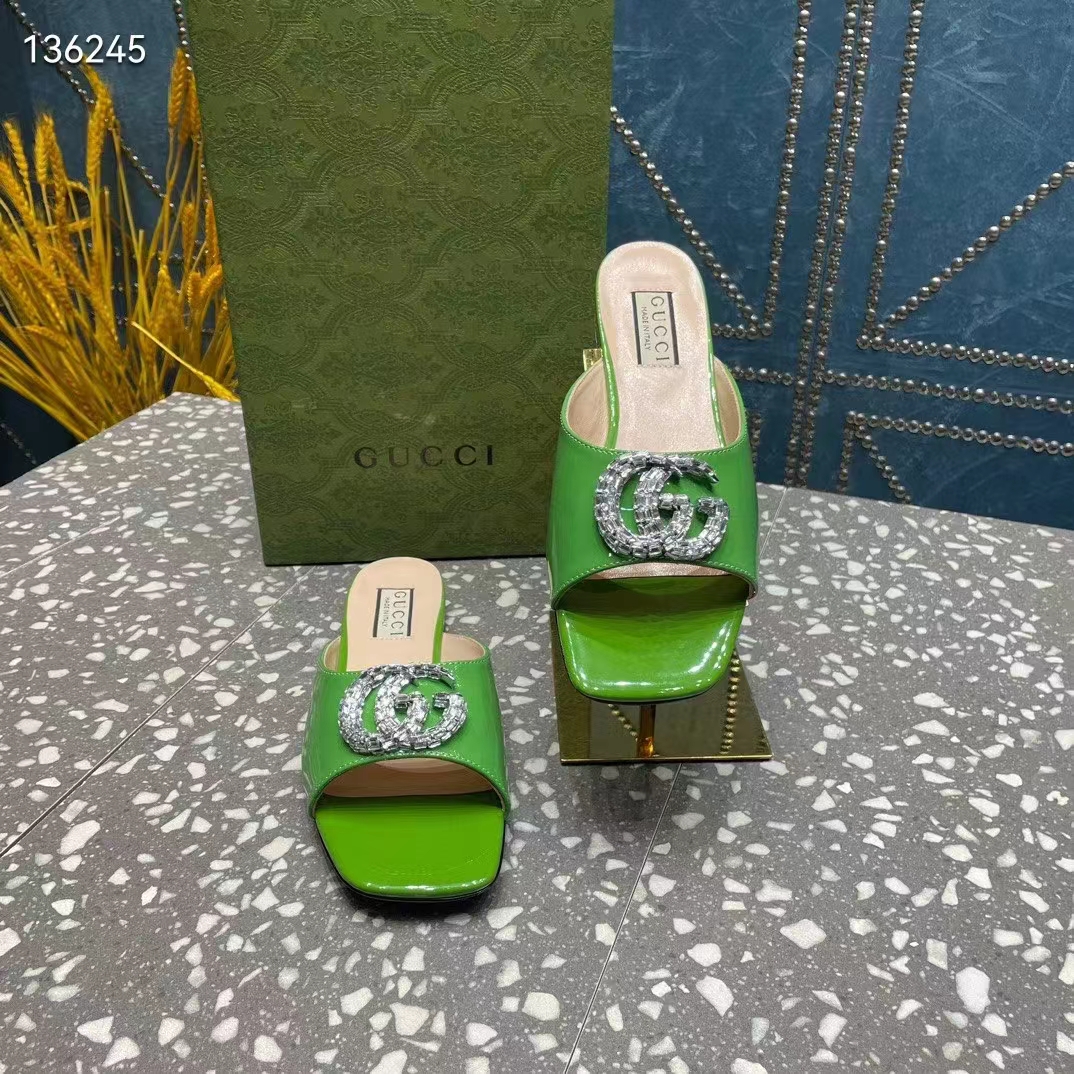 G*u*i women gg double g slide sandal green patent leather crystals leather sole flat style ‎771586 bnc00 3727