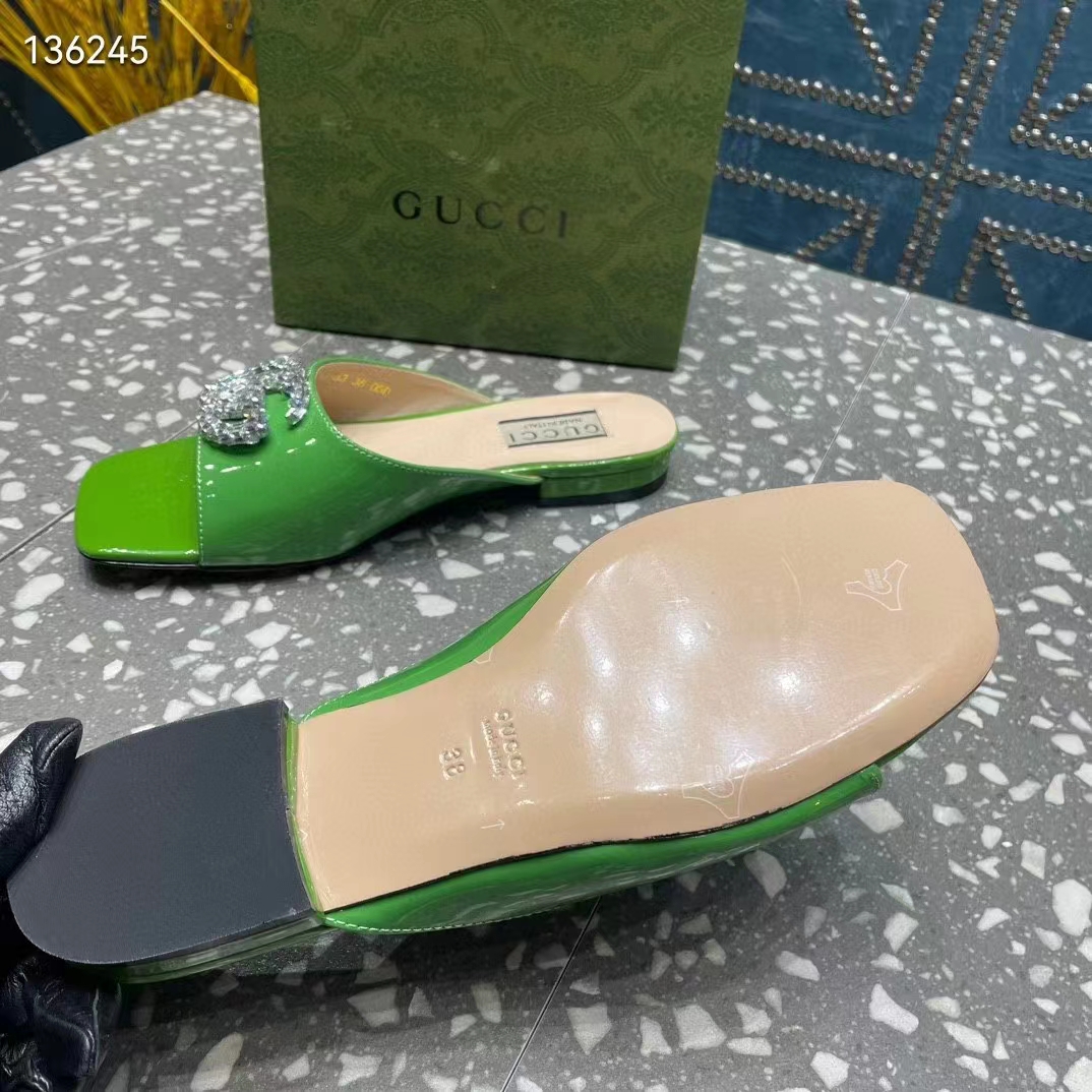 G*u*i women gg double g slide sandal green patent leather crystals leather sole flat style ‎771586 bnc00 3727