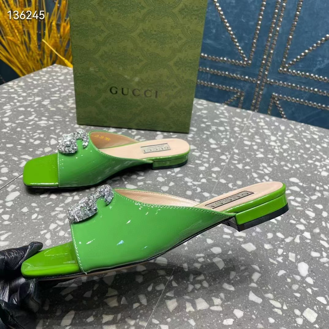 G*u*i women gg double g slide sandal green patent leather crystals leather sole flat style ‎771586 bnc00 3727