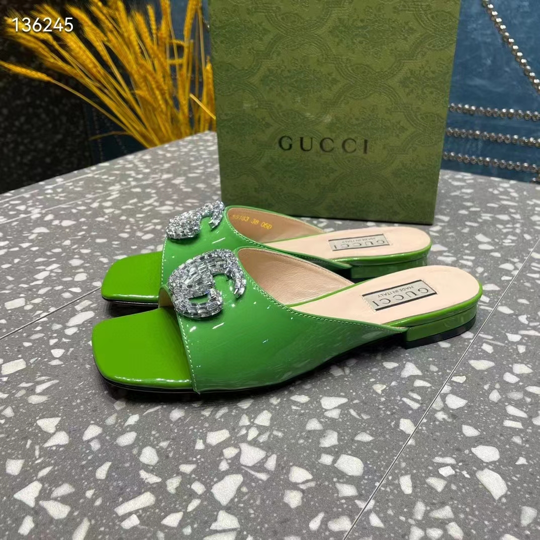G*u*i women gg double g slide sandal green patent leather crystals leather sole flat style ‎771586 bnc00 3727