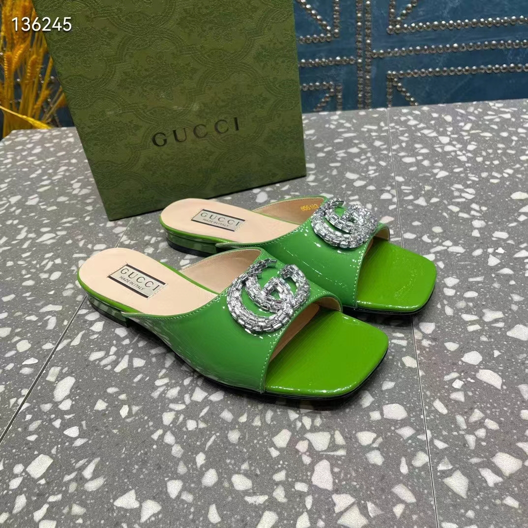 G*u*i women gg double g slide sandal green patent leather crystals leather sole flat style ‎771586 bnc00 3727