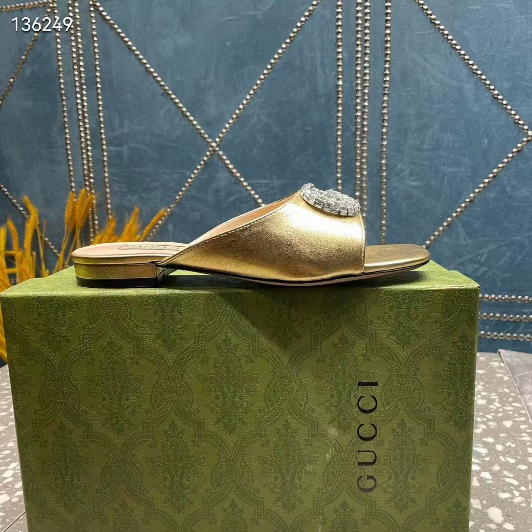 G*u*i women gg double g slide sandal metallic gold leather crystals leather sole flat style ‎771586 b8b00 8053