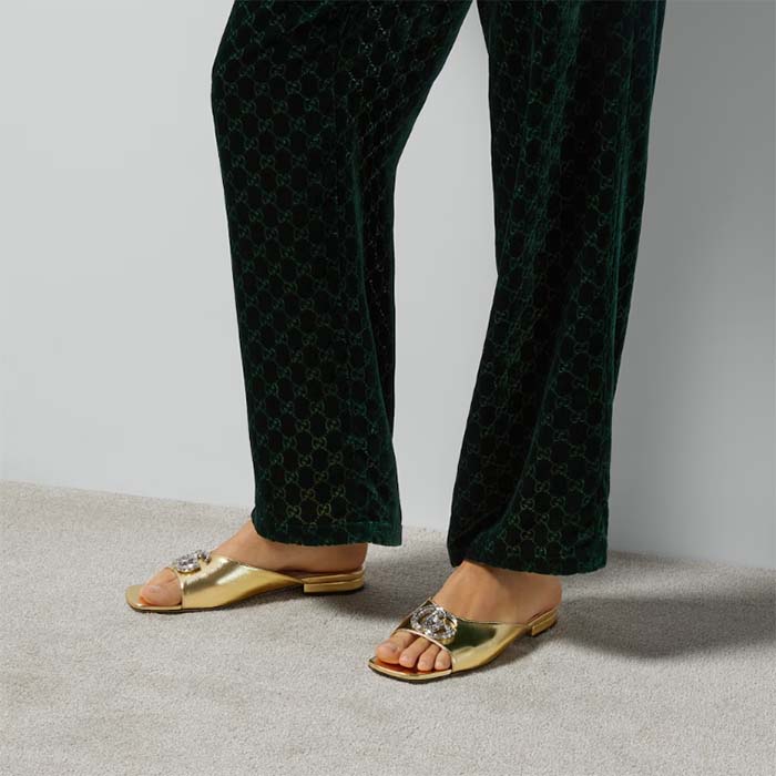 G*u*i women gg double g slide sandal metallic gold leather crystals leather sole flat style ‎771586 b8b00 8053