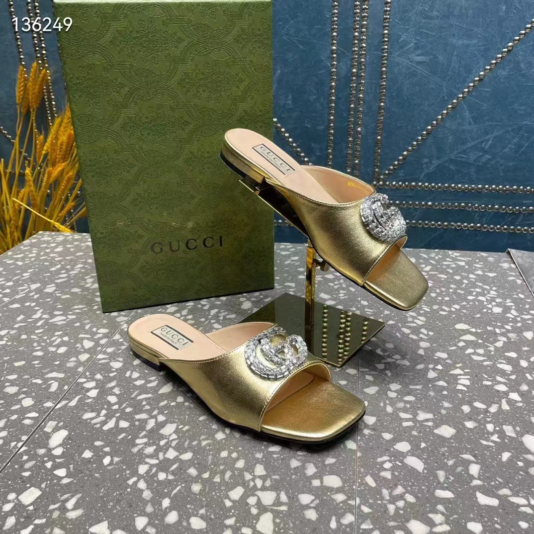 G*u*i women gg double g slide sandal metallic gold leather crystals leather sole flat style ‎771586 b8b00 8053