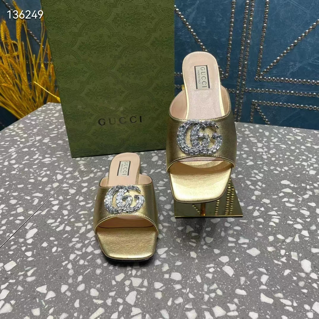 G*u*i women gg double g slide sandal metallic gold leather crystals leather sole flat style ‎771586 b8b00 8053