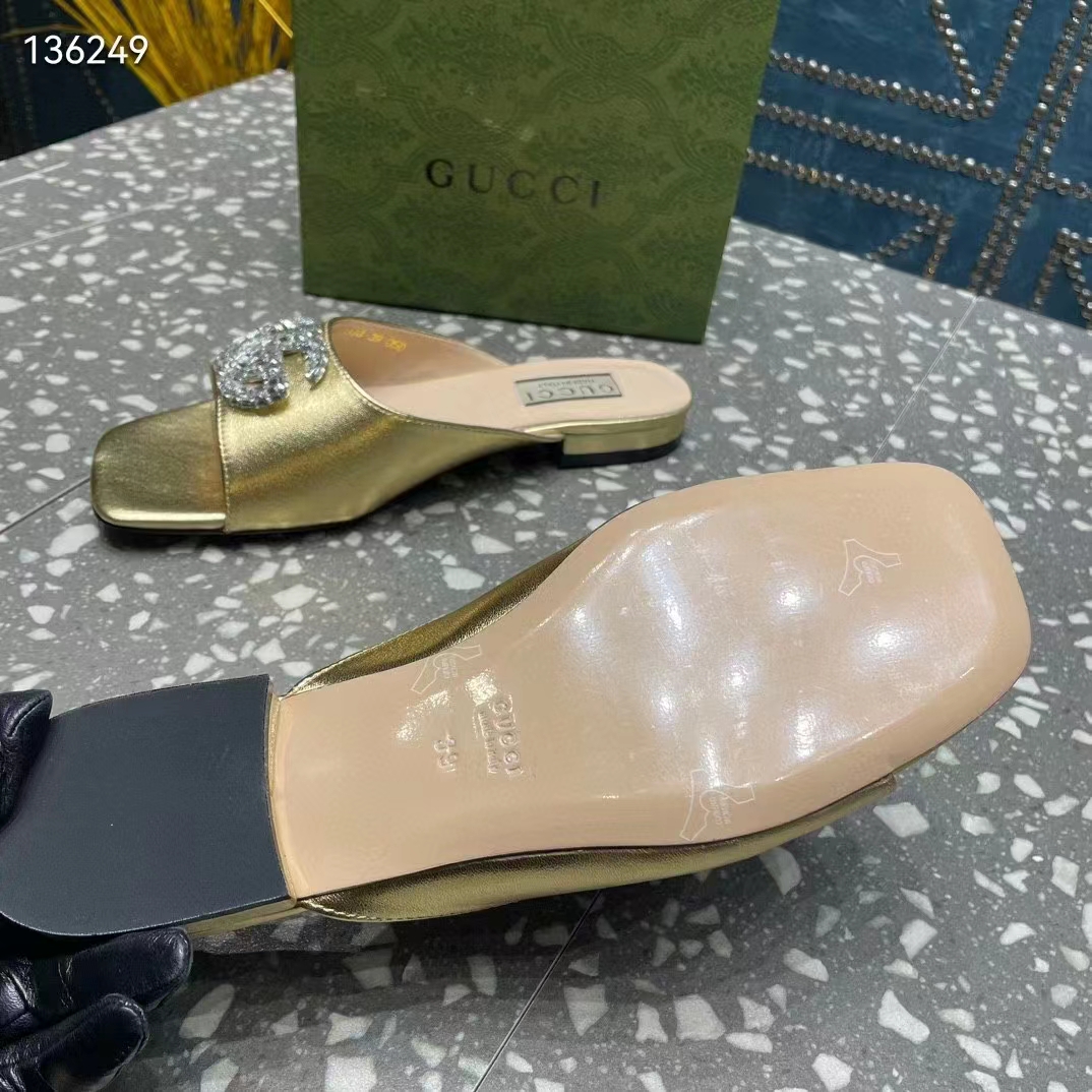 G*u*i women gg double g slide sandal metallic gold leather crystals leather sole flat style ‎771586 b8b00 8053