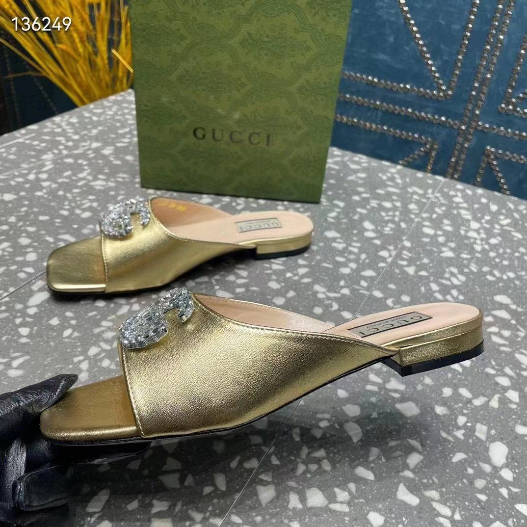 G*u*i women gg double g slide sandal metallic gold leather crystals leather sole flat style ‎771586 b8b00 8053