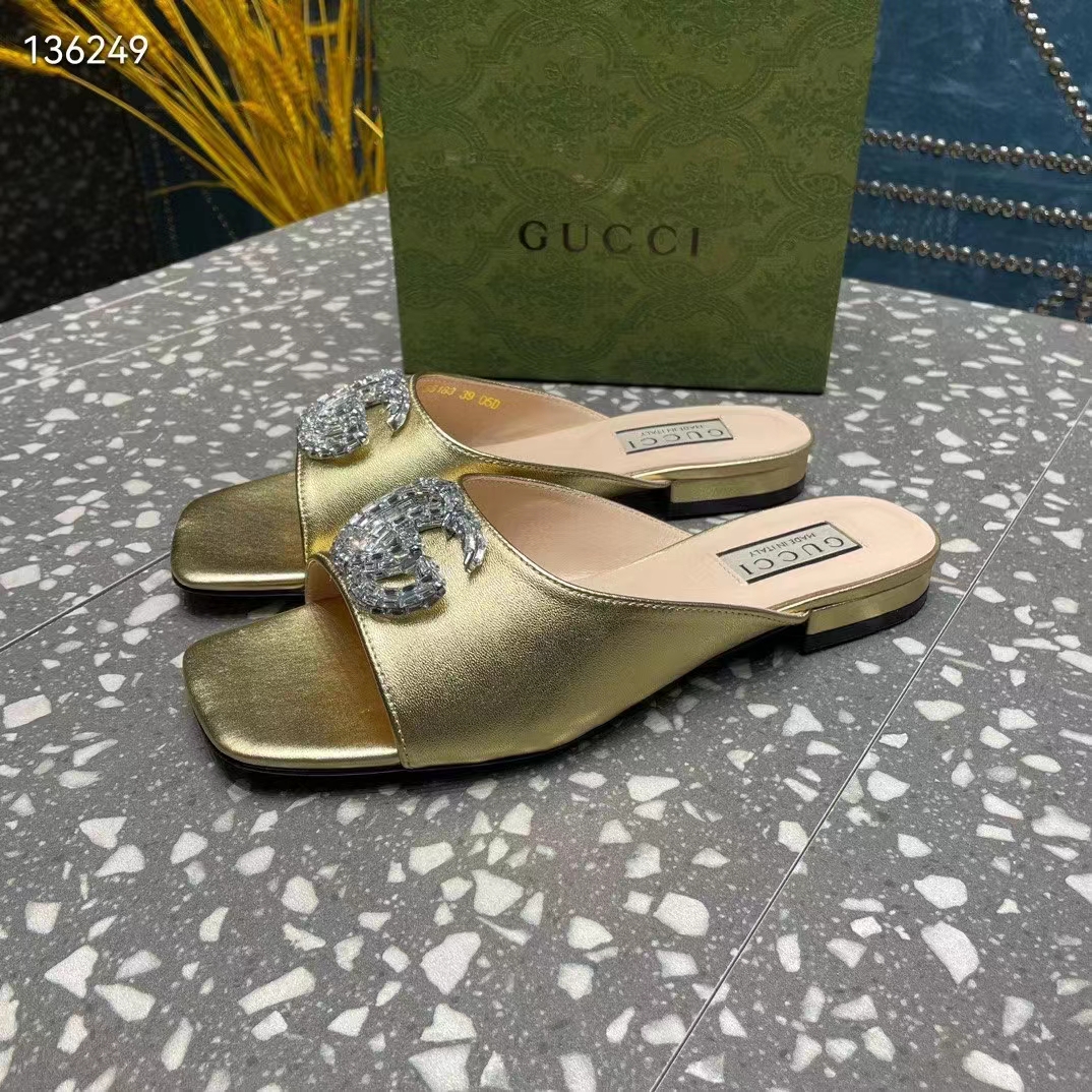 G*u*i women gg double g slide sandal metallic gold leather crystals leather sole flat style ‎771586 b8b00 8053