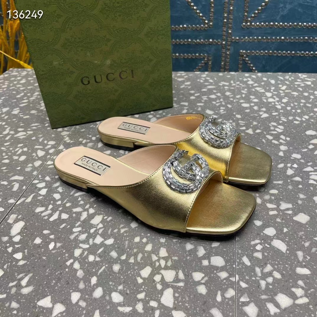 G*u*i women gg double g slide sandal metallic gold leather crystals leather sole flat style ‎771586 b8b00 8053