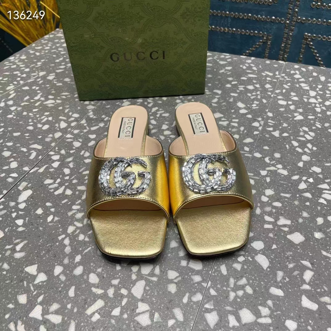 G*u*i women gg double g slide sandal metallic gold leather crystals leather sole flat style ‎771586 b8b00 8053