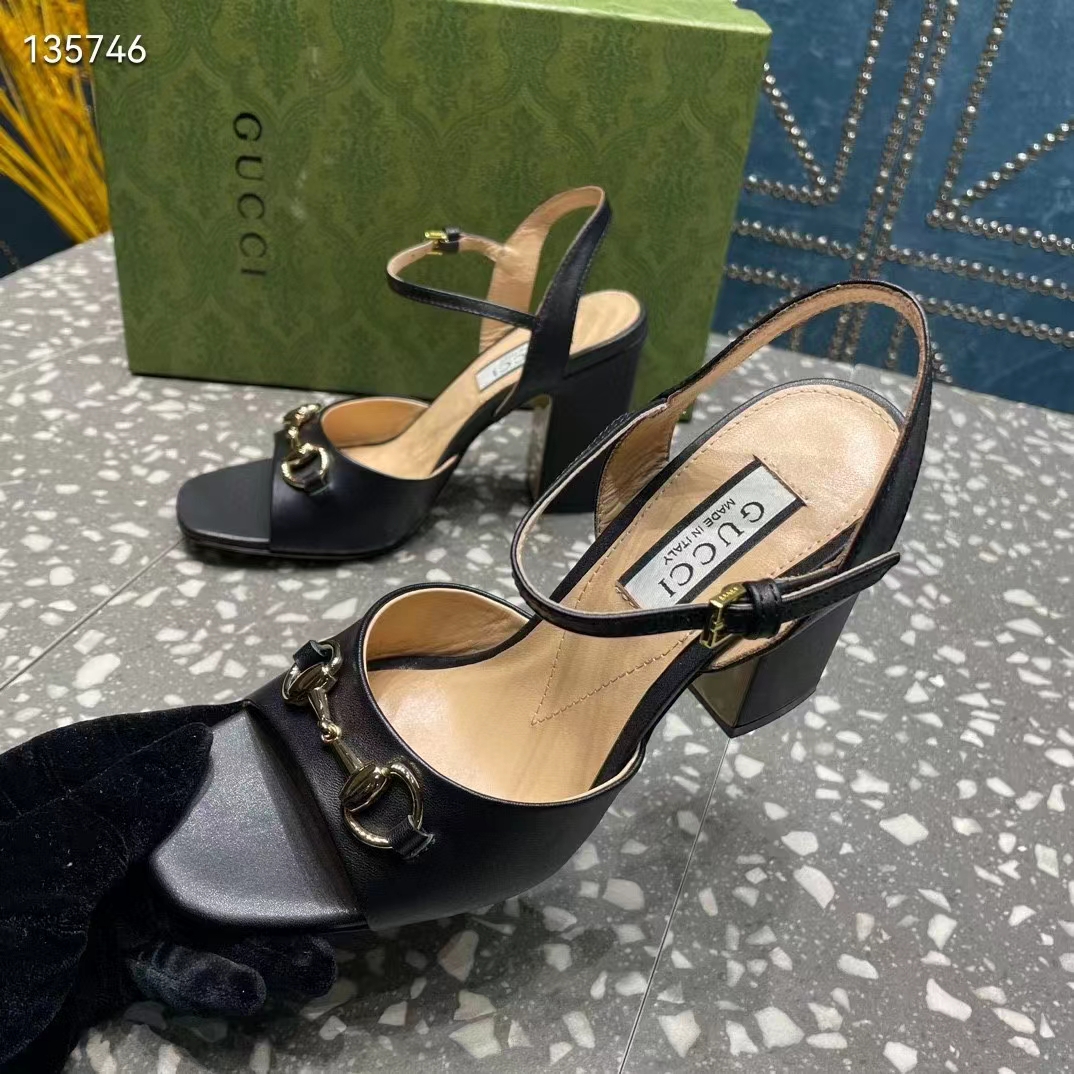 G*u*i women gg horsebit mid-heel sandal black leather sole ankle buckle closure